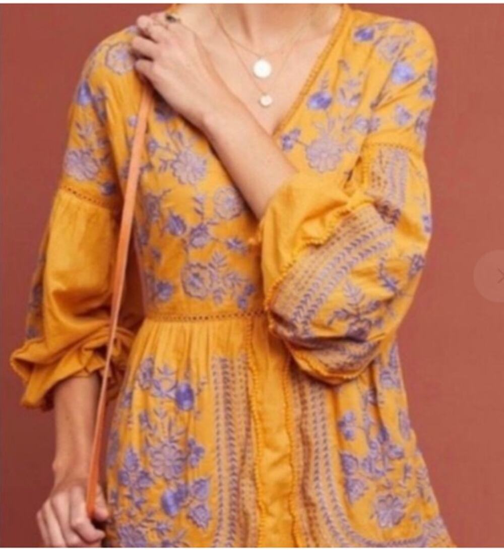 Meadow Rue Anthropologie Lisette Embroidered Small Dress Mustard Yellow